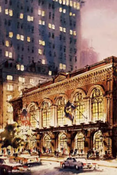 A beautifully lit historic building with arched windows, surrounded by modern skyscrapers and vintage cars at dusk.